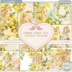 Collage de diario basura de chica limón de verano, cuadros amarillos, collage de muñeca kawaii retro, linda chica frutal, página de diario, manga, papel de álbum de recortes