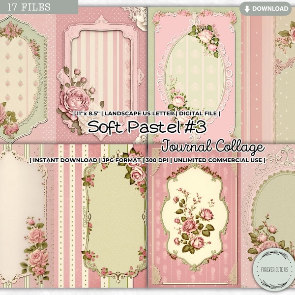 Soft Pastel Junk Journal Collage Sheet, Shabby Chic Journal Papers, Romantic, Vintage, Retro, Pink, Sage Green, Florals, Roses, Printable