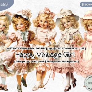 Happy vintage Girl Clipart Bundle, minable, poupée, mode, victorien, antiquité, numérique, imprimable, PNG, scrapbooking journal indésirable papier artisanat