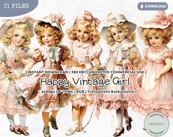 Happy Vintage Girl Clipart Bundle, Shabby, Doll, Fashion, Victorian, Antique, Digital, Printable, PNG, Scrapbook Junk Journal Paper Craft