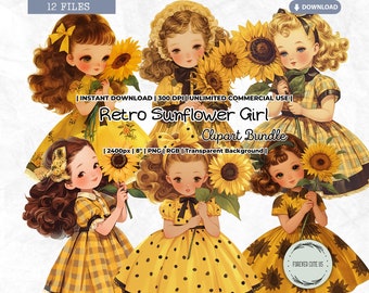 Retro Sunflower Girl Clipart, Vintage, Summer, Fall, Autumn, Flower, Paper Doll, Fashion, Digital, Printable, PNG, Junk Journal, Card Making