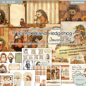 Kit diario di rifiuti a tema riccio del bosco autunnale, animali, foresta, carte stampabili, pagine, scrapbooking, biglietti, effimeri, digitale, autunno, shabby