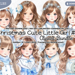 Weihnachten süßes kleines Mädchen Clipart, Eisblaues Kleid, Feiertage, Winter, Kawaii, Mode, Dolly, Schneeflocken, PNG Junk Journal, FOREVERCUTEUS