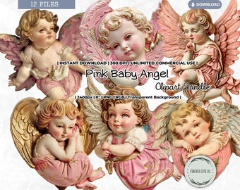 Pink Baby Angel Clipart Bundle, Vintage Pink Christmas Angel, Ornament, Gold, Victorian, Holidays, Winter, PNG, Junk Journal Paper Crafts