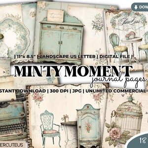 Paquete de páginas de diario Minty Moments, papel digital Shabby Chic imprimible, papel Shabby Chic Junk Journal, papeles digitales para diarios basura Shabby Chic