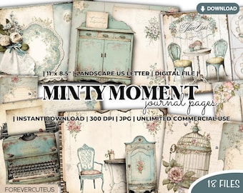 Minty Moments Journal Pages Bundle, Printable Shabby Chic, Shabby Chic Digital Paper, Shabby Chic Junk Journal, Junk Journal Digital Papers