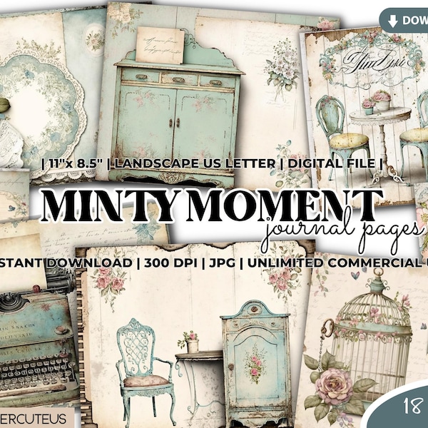 Minty Moments Journal Pages Bundle, Printable Shabby Chic, Shabby Chic Digital Paper, Shabby Chic Junk Journal, Junk Journal Digital Papers