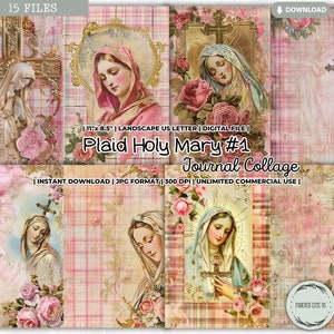 Geruite Heilige Maria dagboek collageblad, pastelroze moeder Maria, Maagd Maria Junk Journal Kit, katholiek gebed dankbaarheid religieus, afdrukbaar