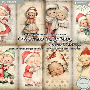 Kerst schattige baby ongewenste dagboek collageblad, rustiek, traditioneel, feestdagen, jongen, meisje, kawaii, digitaal papier, afdrukbaar, scrapbooking