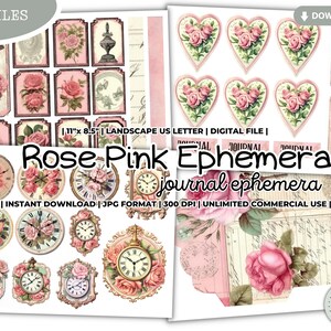 Rose Pink Junk Journal Ephemera, Victorian, Envelope Pocket, Card, Clock Sticker, Tags, Stamp, Fussy Cut, Frame, Planner, Printable Digital