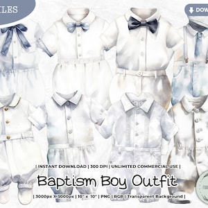 Baptism Boy Outfit Watercolor Clipart Bundle, Christian Ceremonial Clothing, Baby Christening, Blessing, Blue Christening, Wedding, Png