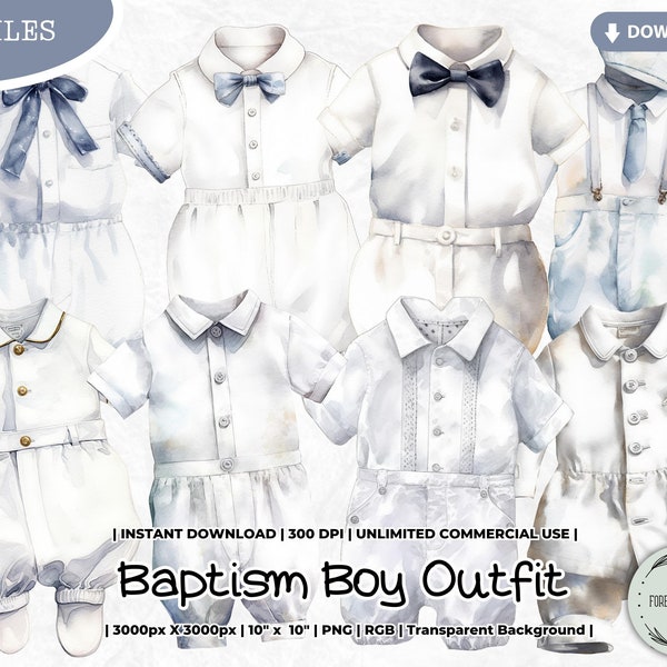 Baptême garçon tenue aquarelle Clipart Bundle, vêtements de cérémonie chrétienne, baptême de bébé, bénédiction, baptême bleu, mariage, Png