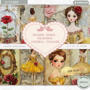 Feuille de collage pour journal indésirable de princesse robe dorée, conte de fées, inspiration Belle, robe jaune, roses rouges, fantaisie, journal numérique imprimable