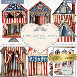 Imágenes prediseñadas de casa de muñecas patriótica, 4 de julio, azul, rojo, blanco, estrellas, rayas, bandera de Estados Unidos, América, casa de muñecas de papel americana, acuarela, PNG