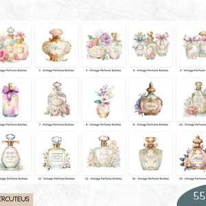 May include: Fifteen watercolor illustrations of vintage perfume bottles with floral accents. Each bottle is labeled with a number from 1 to 15.