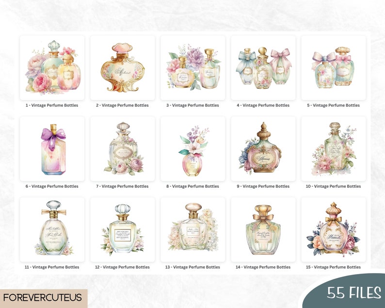 May include: Fifteen watercolor illustrations of vintage perfume bottles with floral accents. Each bottle is labeled with a number from 1 to 15.