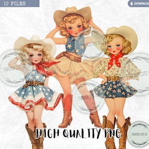 May include: Three vintage illustrations of girls dressed in cowboy outfits. Each girl is wearing a different outfit with a red, white, and blue color scheme. The girls are wearing cowboy hats and boots. The illustrations are in a cartoon style.