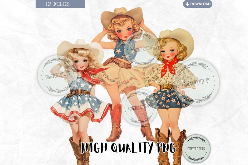 May include: Three vintage illustrations of girls dressed in cowboy outfits. Each girl is wearing a different outfit with a red, white, and blue color scheme. The girls are wearing cowboy hats and boots. The illustrations are in a cartoon style.