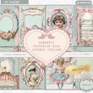 Romantische Victoriaanse Girl Journal-collage, pastelkleurige ongewenste dagboekpagina's, vintage roze ephemera-kit, shabby plakboek afdrukbaar, pdf-download