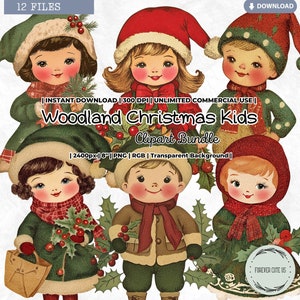 Wald Weihnachten Kinder Clipart, Retro kleiner Junge, Mädchen, Weihnachtsmütze, Winter, Urlaub, rustikale Bauernhaus, Vintage, PNG Scrapbook Junk Journal