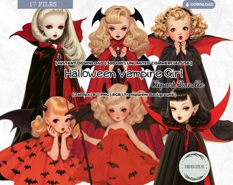 Halloween vampyrflicka clipartpaket, vintage goth, retro djävul, mörk gotisk bus eller godis papperdocka utskrivbar PNG scrapbook skräpjournal