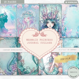 Mermaid Princess Junk Journal Collage Sheets, Dreamy Whimsical Ethereal Fairytale, Siren, Mermaidcore, Printable Scrapbooking Digital Paper