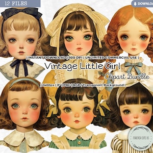 Vintage Little Girl Doll Head Clipart, Retro, Antique, Cute, Bow, 1940s, Fashion, Paper Doll, PNG, Scrapbook Junk Journal Printable Ephemera