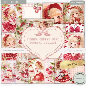 Collage de diario basura de chica cereza de verano, picnic, collage de muñeca kawaii retro, efímera de frutos rojos, página de diario basura, manga, papel de álbum de recortes