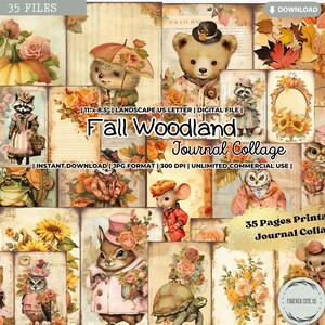 Foglio collage di diario Fall Woodland, animali, safari, carte stampabili, pagine, scrapbooking, creazione di biglietti, effimeri, digitale, autunno, shabby