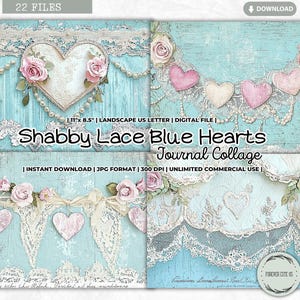 Shabby Lace Blue Hearts Junk Journal Collage Sheet, Pastel Colors, Valentine&#39;s Day, Shabby Chic, Romantic, Love, Dreamy, Printable Digital