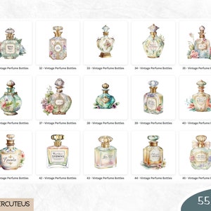 May include: A set of 45 watercolor illustrations of vintage perfume bottles with floral accents. Each bottle is unique and features a different design and color scheme. The illustrations are perfect for use in digital or printed projects.