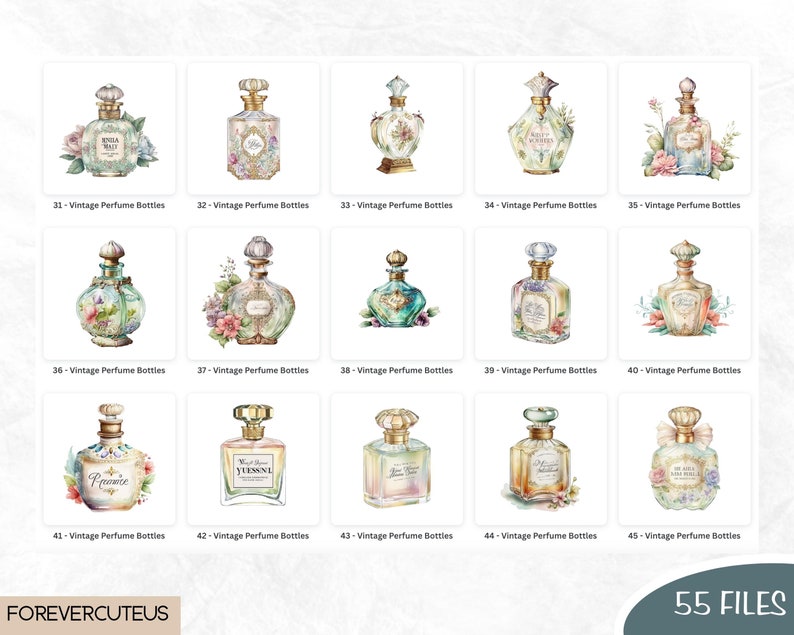 May include: A set of 45 watercolor illustrations of vintage perfume bottles with floral accents. Each bottle is unique and features a different design and color scheme. The illustrations are perfect for use in digital or printed projects.