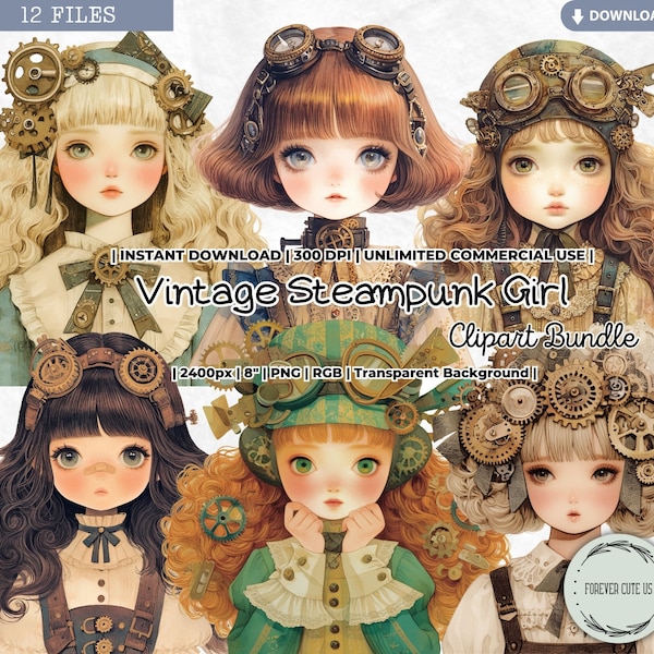 Vintage Steampunk Girl Clipart, Retro, Doll Head, Industrial, Victorian Punk, Clockwork, Brass, Gears, Goggles, PNG, Scrapbook Junk Journal