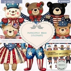 Clipart de urso patriótico, urso quebra-nozes menino menina, bailarina, 4 de julho, bandeira dos Estados Unidos, estrela listrada América Americana, aquarela, PNG