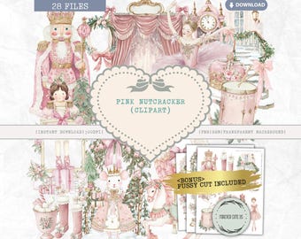 Pink Nutcracker Clipart Bundle, Pastel Christmas PNG, Ballerina Holiday Clipart, Mouse, Cute Watercolor Christmas Graphics, Digital Download