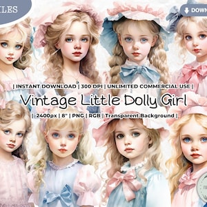 Vintage Little Dolly Clipart Bundle, Viktorianisch, Ballett, Kleid, Ballerina, Pastell, Planer, PNG Papierpuppe, Scrapbook Junk Journal Papier