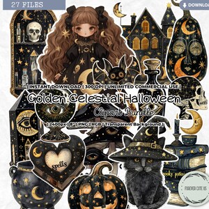 Golden Celestial Halloween Clipart, Halloween, Estrela Lua, Sol, Cristal, Abóbora, Poção, Bruxa, Cobra, Gato Preto, Olhos Maus, Cogumelo, Caveira
