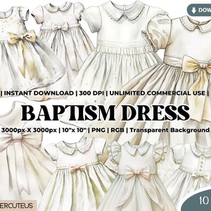 Bundle de cliparts aquarelle robe de baptême, robe de baptême PNG, robe de baptême, Baby Shower pour les filles des cliparts, robe de demoiselle d'honneur, sublimation