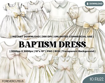 Watercolor Baptism Dress Clipart Bundle (PNG, Digital Download)
