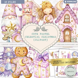 Niedliche Pastell Himmlische Weihnachten Clipart, Mond, Stern, Lebkuchenmann, Haus, Gnom, Engel, Cherub, Rentier, Nussknacker, Flügel, PNG Fussy Schnitt