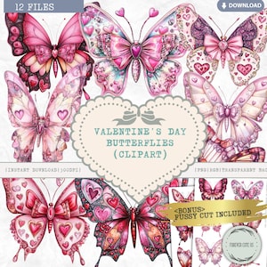 Valentinstag Schmetterlinge Clipart, Liebe, Herz, Hochzeit, Süß, Rosa, Rot, Glitter, Romantisch, Aquarell, Niedlich, Shabby Chic, PNG Fussy Schnitt
