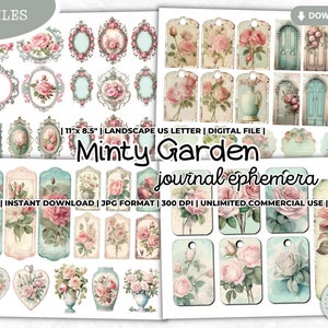 Minty Garden Junk Journal Tag, Label, Ephemera, Vintage, Shabby Chic, Kit, Scrapbooking, Digital Kit, Printable, Stickers, Fussy Cut, Pastel