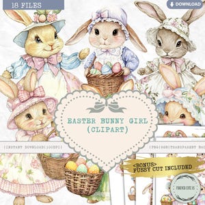 Osterhase Mädchen Clipart, süße Osterhase, Vintage Retro Ostereierkorb, Eiersuche, Kaninchen, Pastell, Aquarell, druckbare PNG Fussy Schnitt