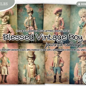 Blessed Vintage Boy Junk Journal Collage Sheet, Viktorianische Ära, Shabby Chic, Antik, Rokoko, Journal Kit, Scrapbooking Papier, Digitales Papier