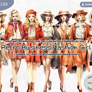 Retro Business Fashion Girl Clipart Bundle, Girl Boss, Working, Planner Girl, Vintage, Paper Doll PNG, Scrapbook Junk Journal Paper Crafts