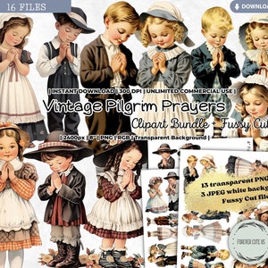Vintage Pilger Gebete Clipart-Set, kleiner Junge, kleines Mädchen, Thanksgiving, Herbst, Herbst, PNG, Fussy Schnitt, Hingabe, Glaube, Erntesegen