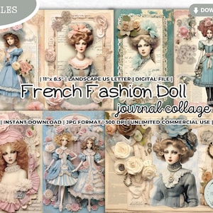 French Fashion Doll Junk Journal Collage Sheet, France, Paper Doll, Porcelain Doll, Shabby Chic, Scrapbooking, Digital Paper, Kit, Printable