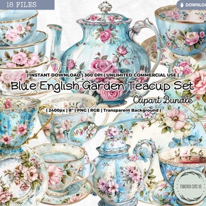 Blauwe Engelse tuin theekopje set clipartset, shabby chic, theepot, vintage, aquarel, Victoriaans, Cottagecore, png, junk journal scrapbooking
