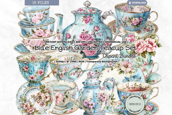 Blue English Garden Teacup Set Clipart Set, Shabby Chic, Teapot, Vintage, Watercolor, Victorian, Cottagecore, PNG, Junk Journal Scrapbooking