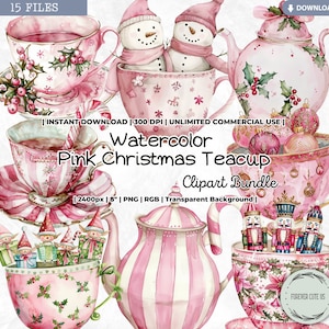 Clipart di tazza da tè di Natale rosa acquerello, Clipart di Pinkmas, Inverno rosa, Festività rosa, Tea Party, Tazza, Pastello, PNG Scrapbook Junk Journal
